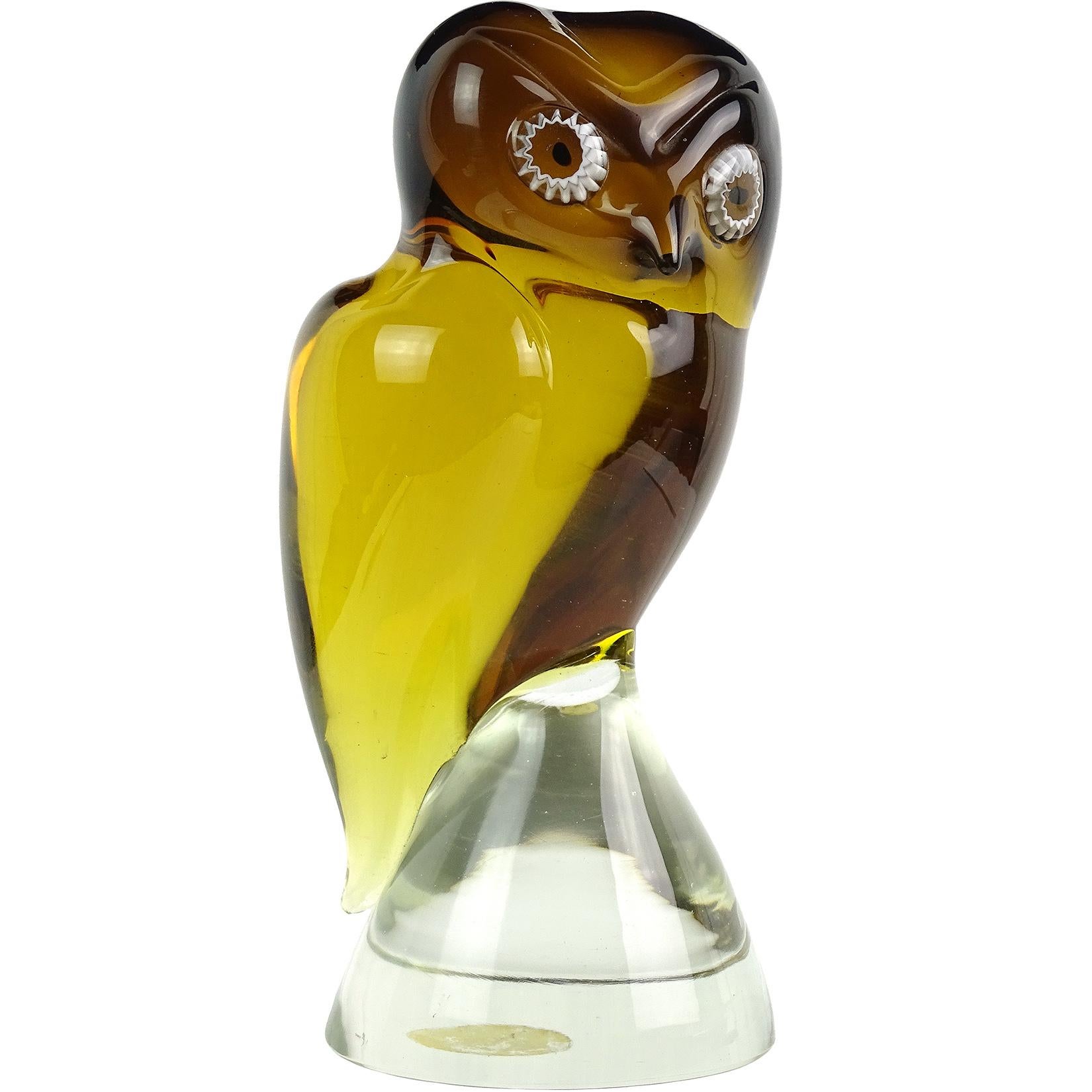 Salviati Murano Sommerso Yellow Murrine Eye Italian Art Glass Owl Bird Sculpture (20. Jahrhundert)