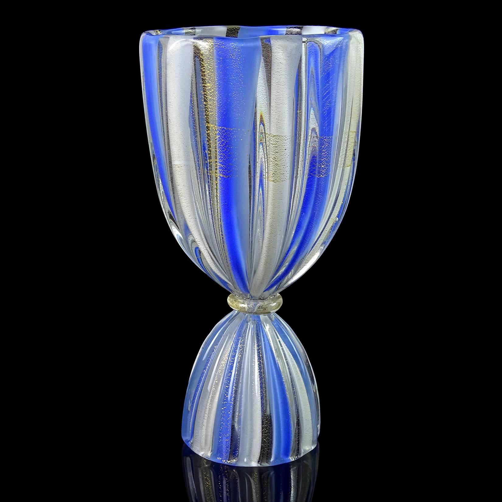 Murano hand blown blue, white and gold flecks Italian art glass corseted flower vase. Attributed to the Salviati Company, circa 1950s. It can be turned up-side-down giving it a different design all together. Very unique piece. Measures: 9 5/8