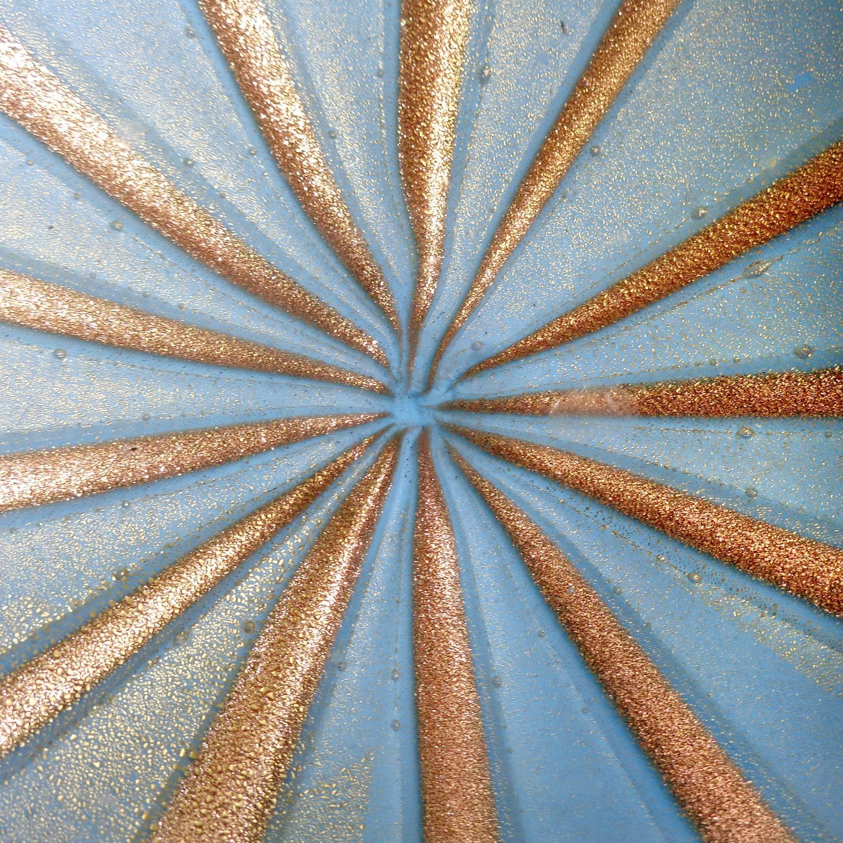 Mid-Century Modern Alfredo Barbini Murano Blue, Gold, Aventurine Stripes Italian Art Glass Bowl