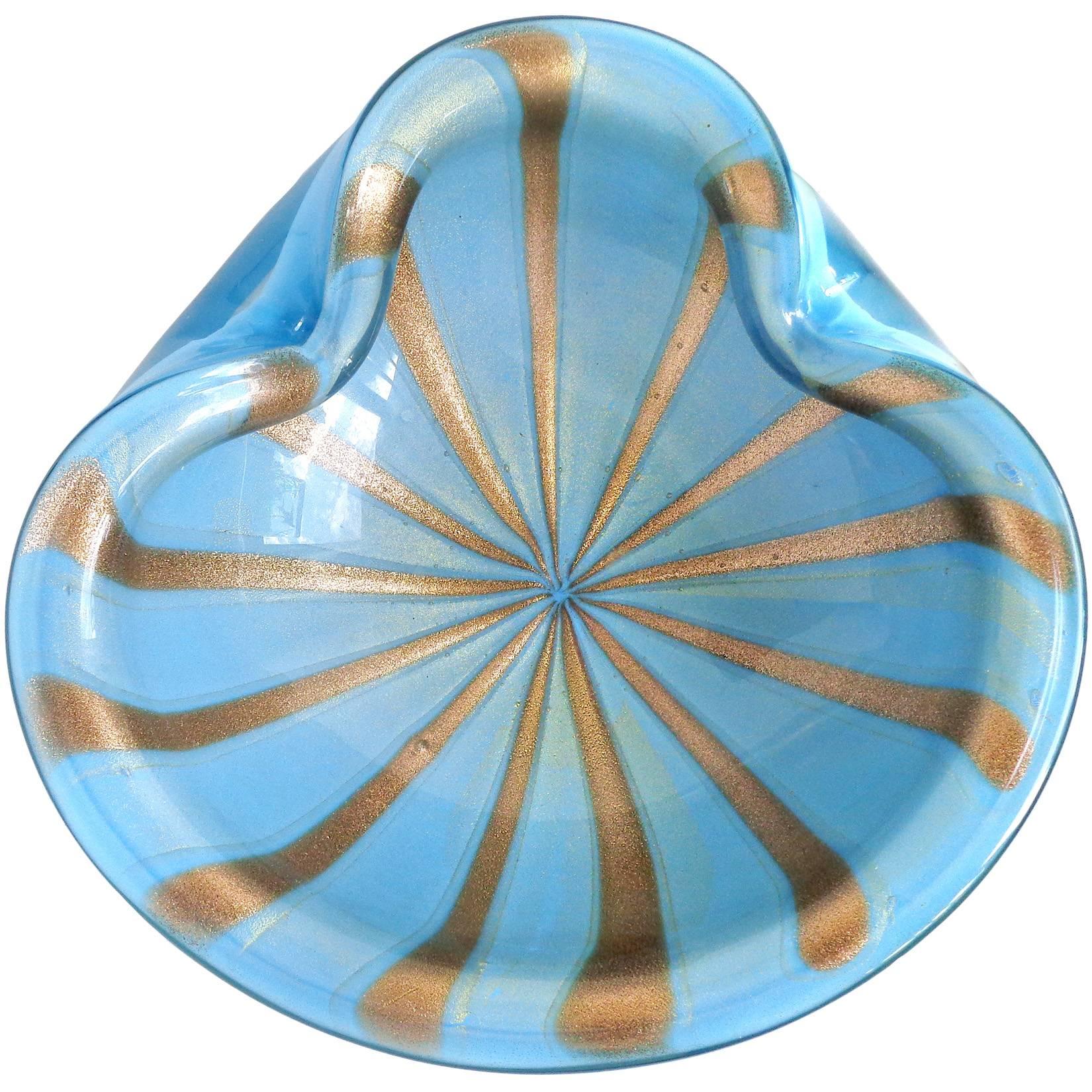 Alfredo Barbini Murano Blue, Gold, Aventurine Stripes Italian Art Glass Bowl