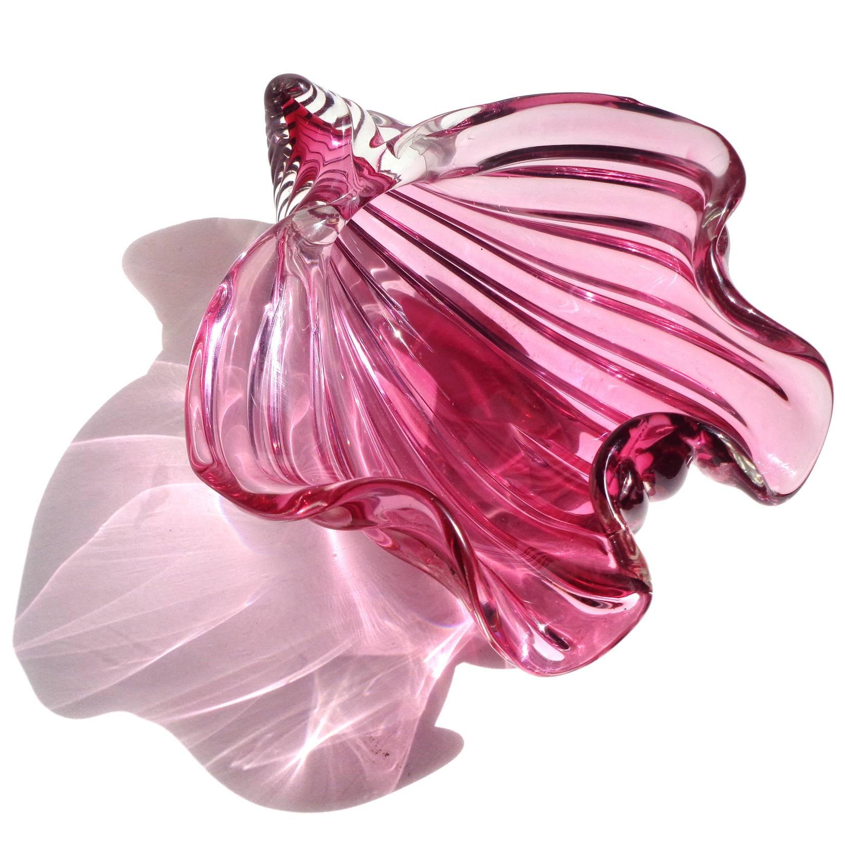 Mid-Century Modern Barbini Murano Sommerso Pink Italian Art Glass Conch Shell Sculptural Bowl