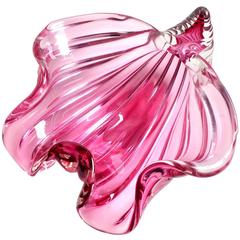 Barbini Murano Sommerso Pink Italian Art Glass Conch Shell Sculptural Bowl