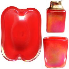 Vintage Fratelli Toso Murano Iridescent Orange Italian Art Glass Bowl Lighter Holder Set