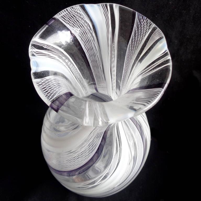 Murano White and Purple Twisting Ribbons Italian Art Glass Flower Vase