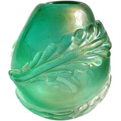 Seguso Vetri D'Arte Murano Gold, Applied Leafs, Italian Art Glass Flower Vase