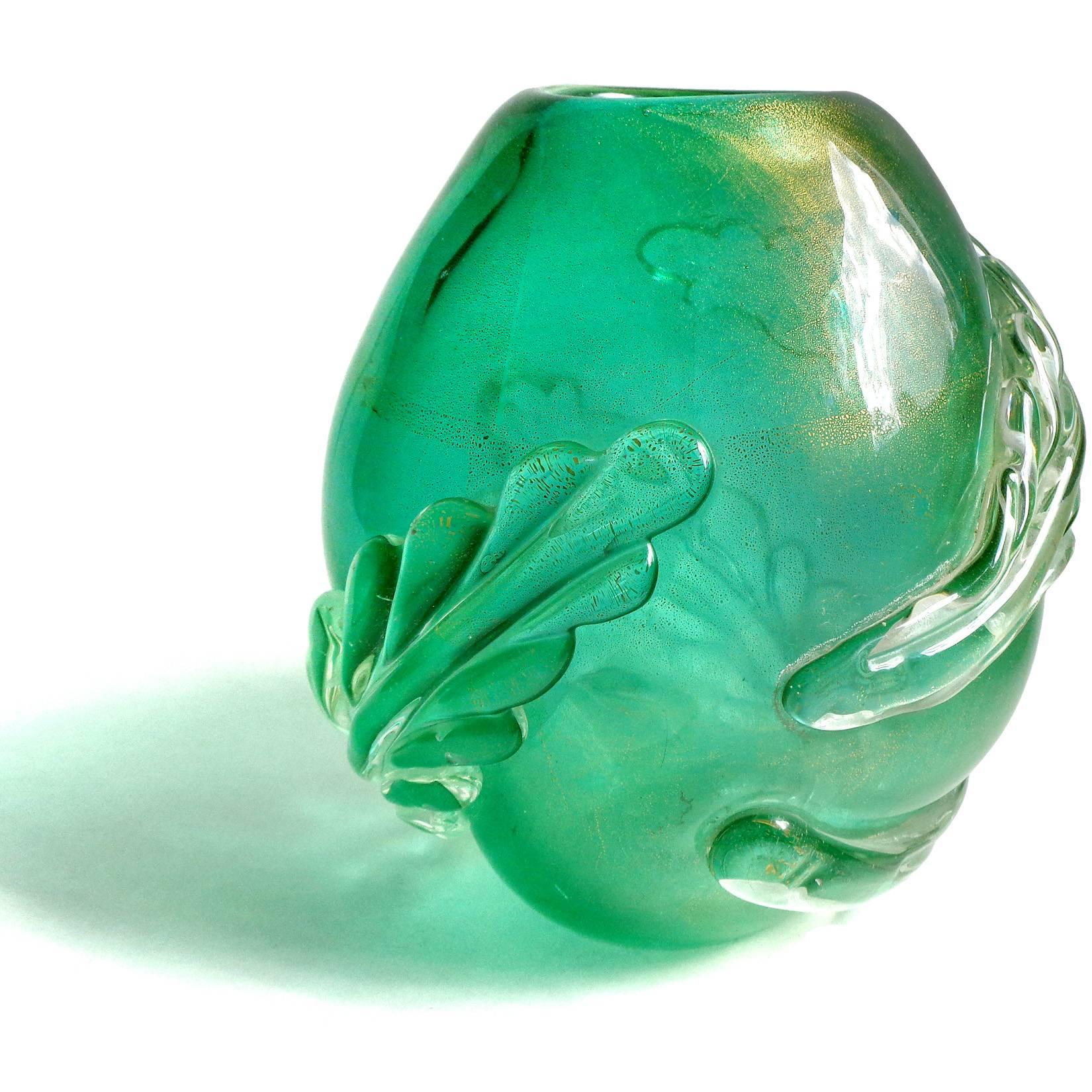 Hand-Crafted Seguso Vetri D'Arte Murano Gold, Applied Leafs, Italian Art Glass Flower Vase