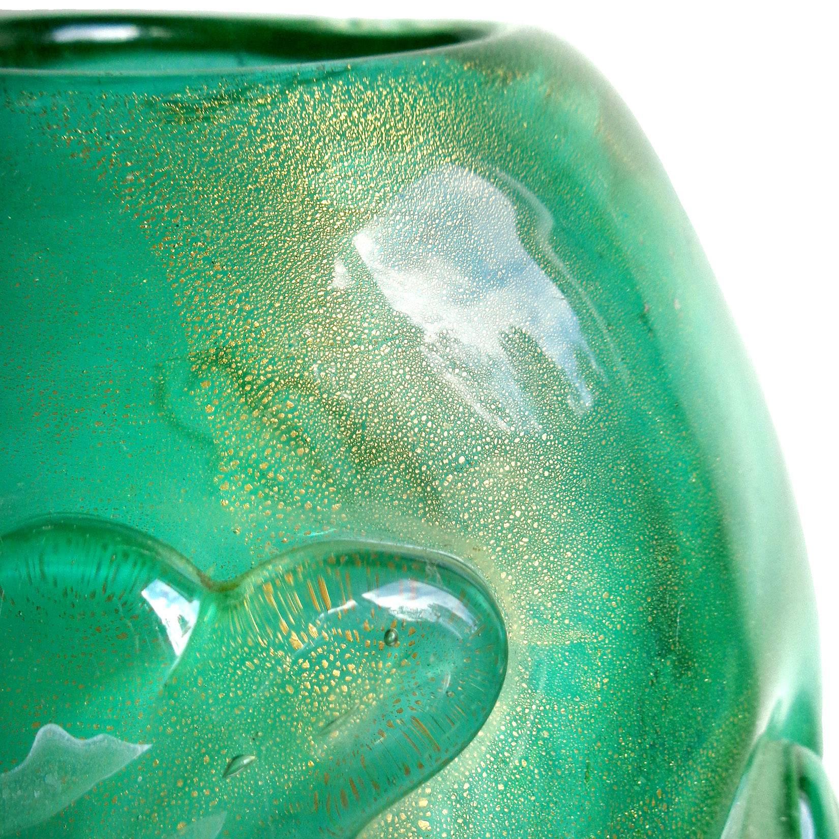 Art Deco Seguso Vetri D'Arte Murano Gold, Applied Leafs, Italian Art Glass Flower Vase