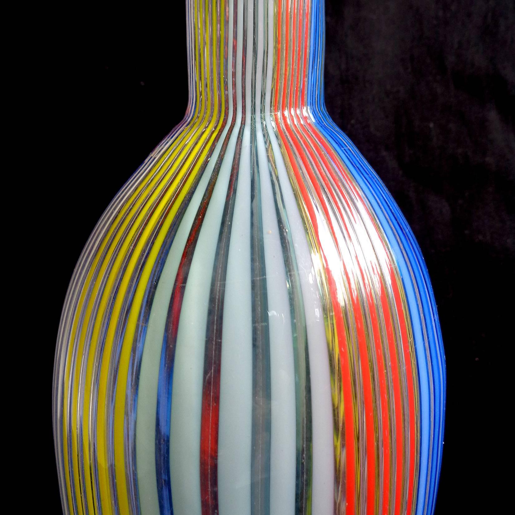 Hand-Crafted Dino Martens Aureliano Toso Murano Rainbow Ribbons Italian Art Glass Vase
