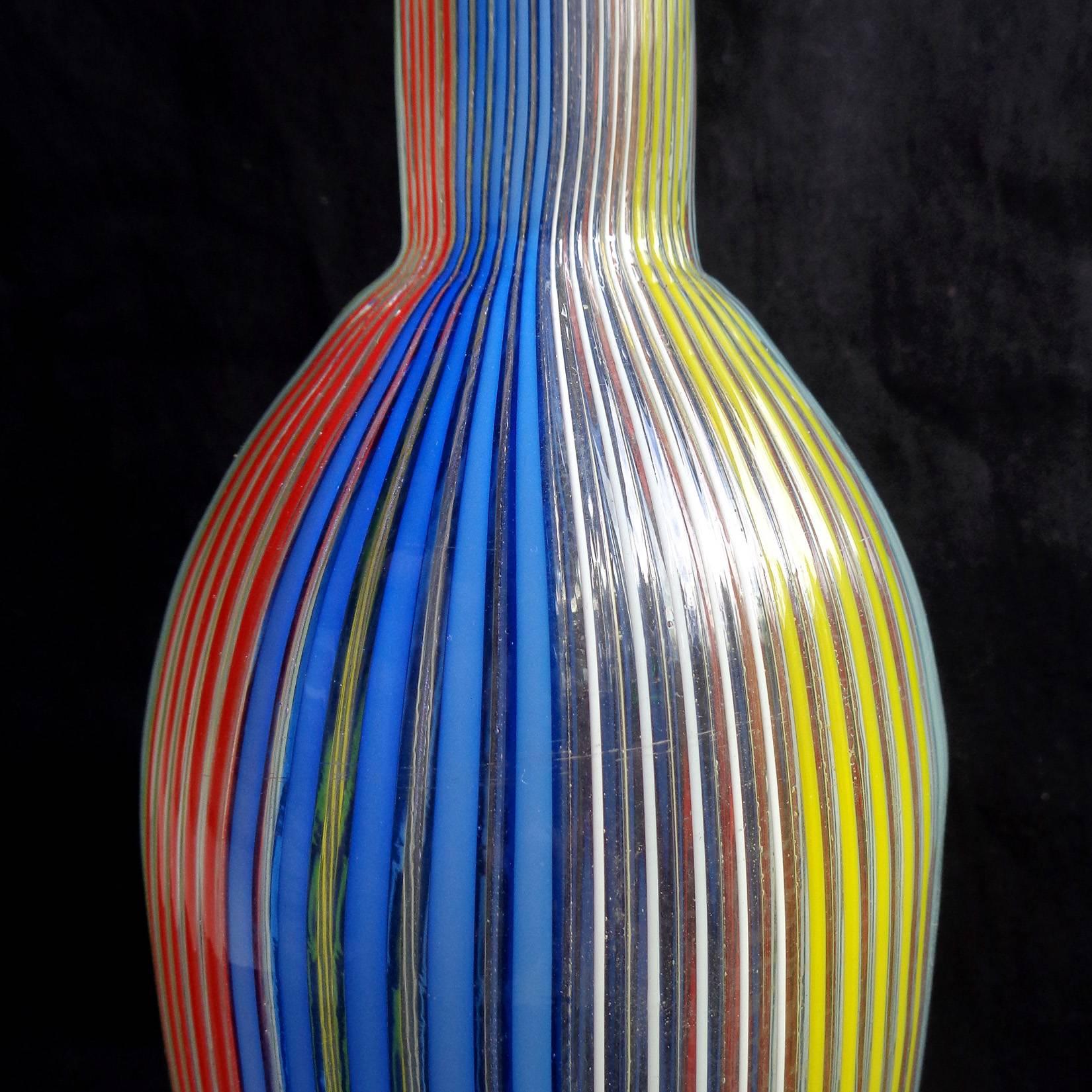 Dino Martens Aureliano Toso Murano Rainbow Ribbons Italian Art Glass Vase In Excellent Condition In Kissimmee, FL