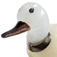 Murano White Pulegoso Bubbles Gold Leaf Italian Art Glass Duck Sculpture