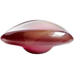 Murano Burgundy Red, White and Gold Flecks Italian Art Glass Clam Shell Bowl 10