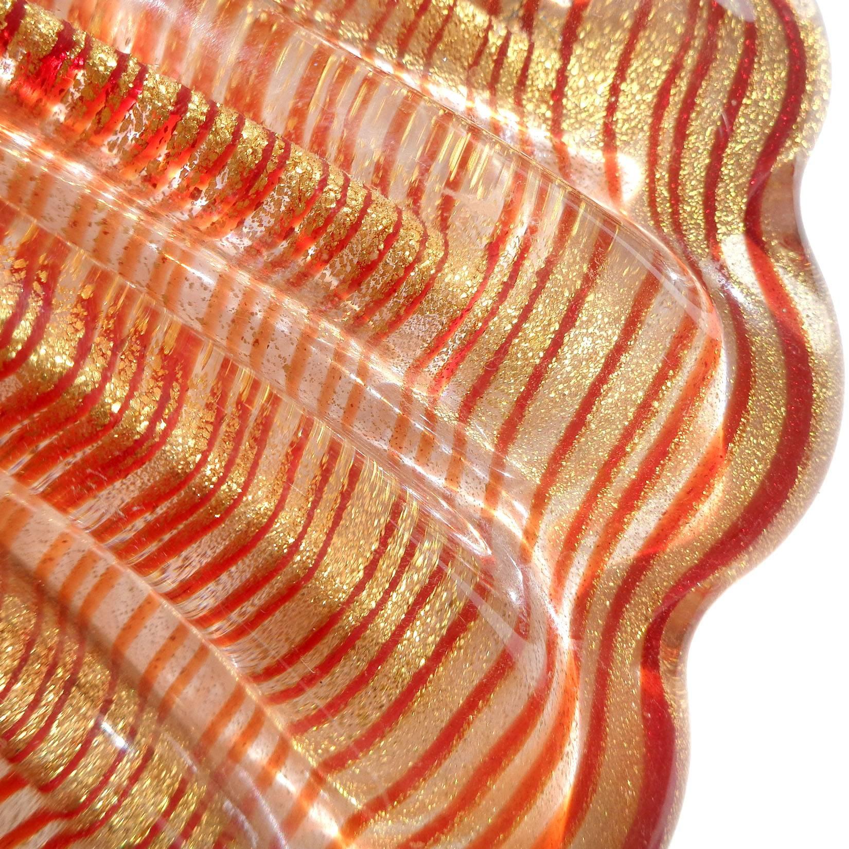 Mid-Century Modern Barovier Toso Murano Red Swirl Gold Flecks Italian Art Glass Seashell Bowl