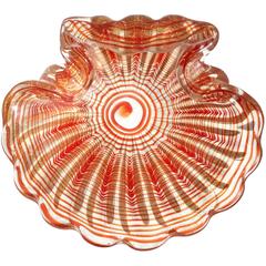 Barovier Toso Murano Red Swirl Gold Flecks Italian Art Glass Seashell Bowl