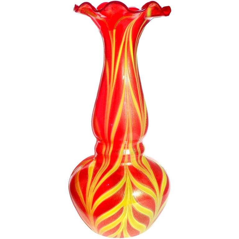Murano Red Yellow Pulled Feather Gold Italian Art Glass Flower Vase For