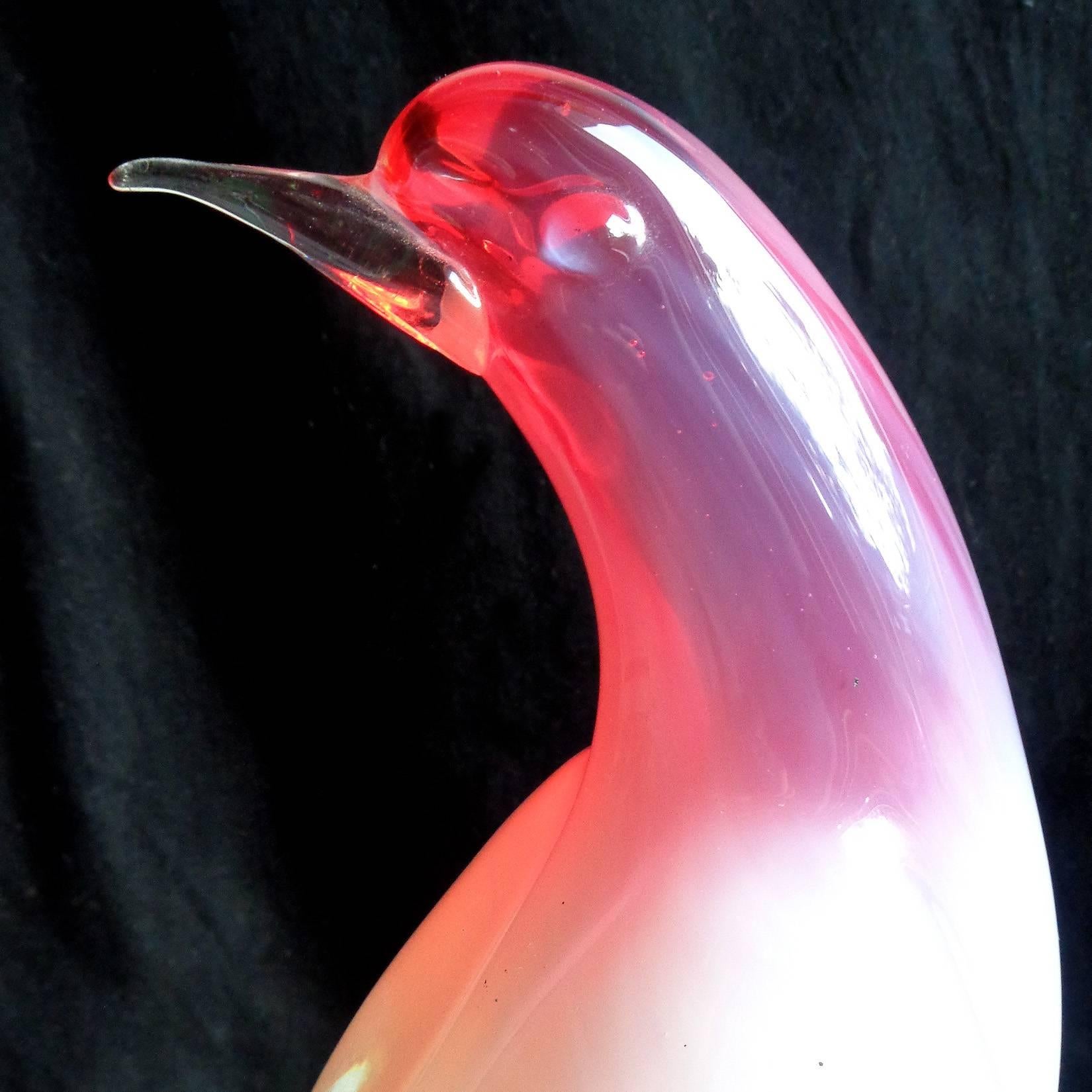 Mid-Century Modern Berto Toso Murano Opalescent White Red Italian Art Glass Bird Sculpture