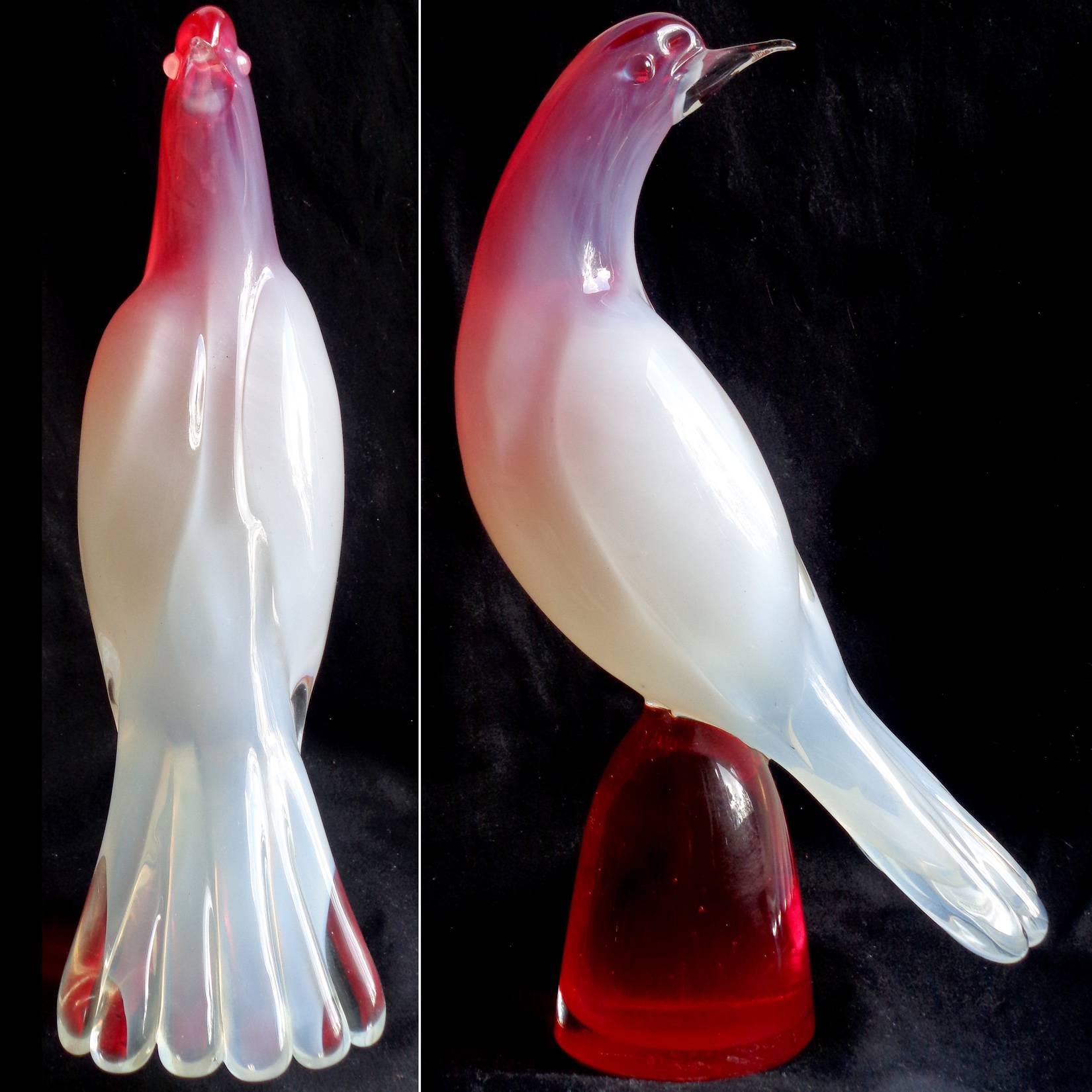 Hand-Crafted Berto Toso Murano Opalescent White Red Italian Art Glass Bird Sculpture
