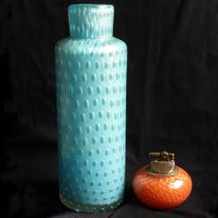 Alfredo Barbini Murano Blue Gold Flecks Italian Art Glass Cylinder Flower Vase