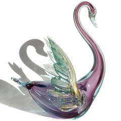 Alfredo Barbini Murano Sommerso Purple Gold Flecks Italian Art Glass Swan