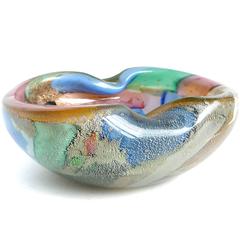 Murano Silver Aventurine Flecks Multicolor Italian Art Glass Decorative Bowl