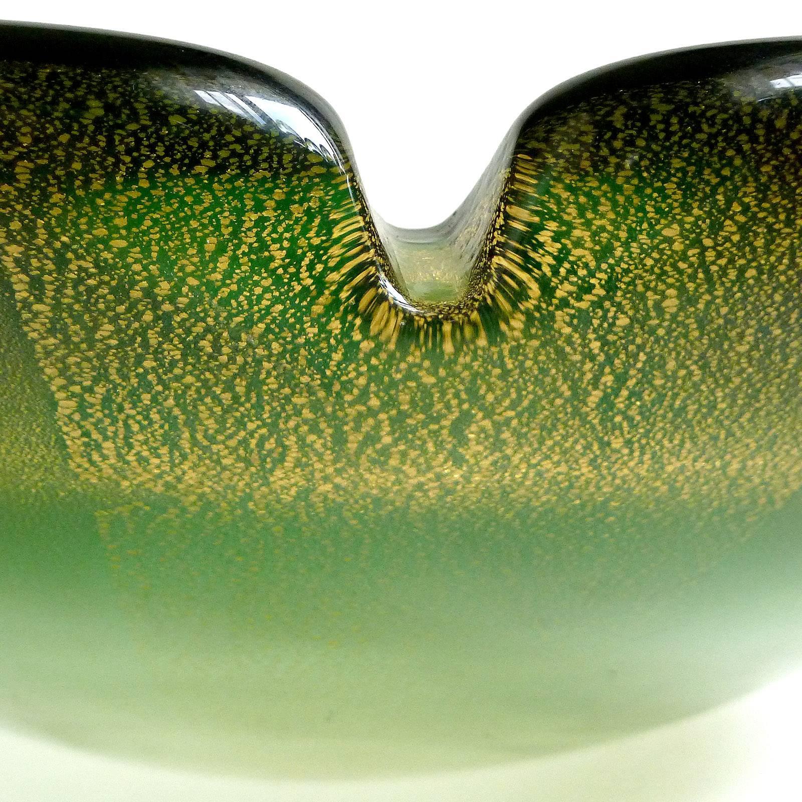 Mid-Century Modern Murano Gold Flecks Green Sommerso Italian Art Glass Decorative Bowl