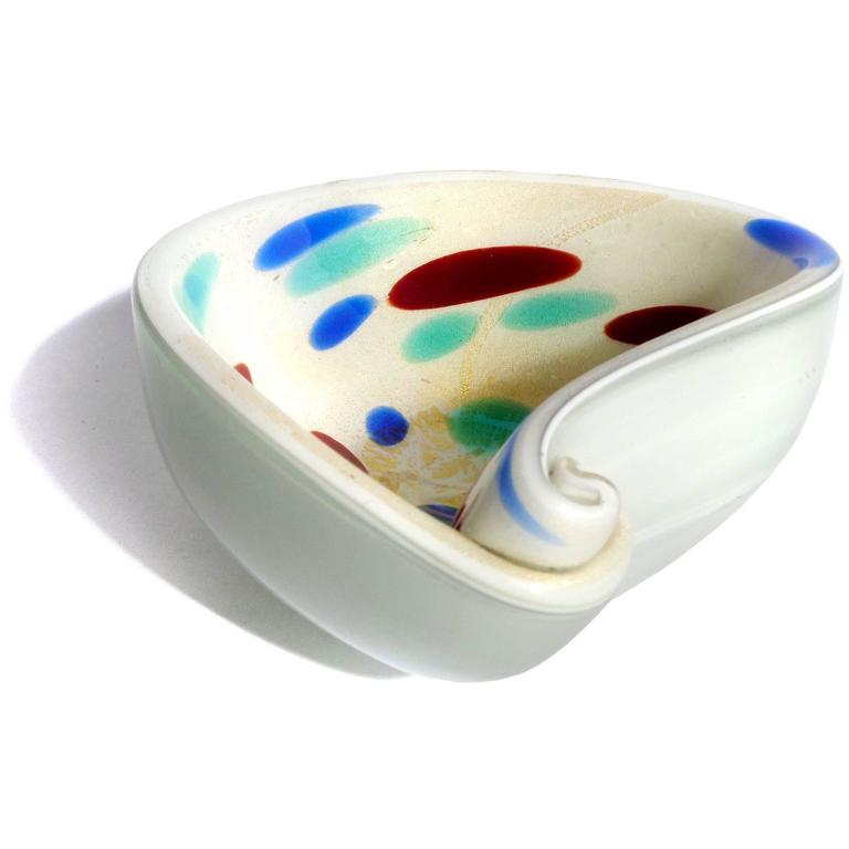 Murano Color Spots and Gold Flecks Italian Art Glass Scroll Shell Bowl