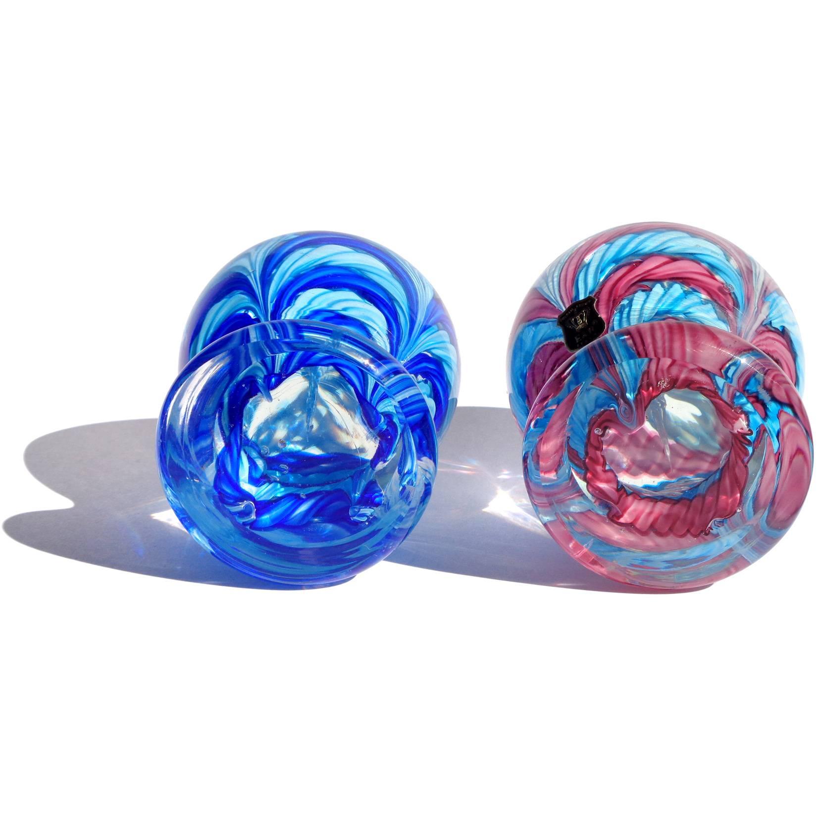 Mid-Century Modern Fratelli Toso Murano Colorful Blue Pink Ribbon Italian Art Glass Paperweights