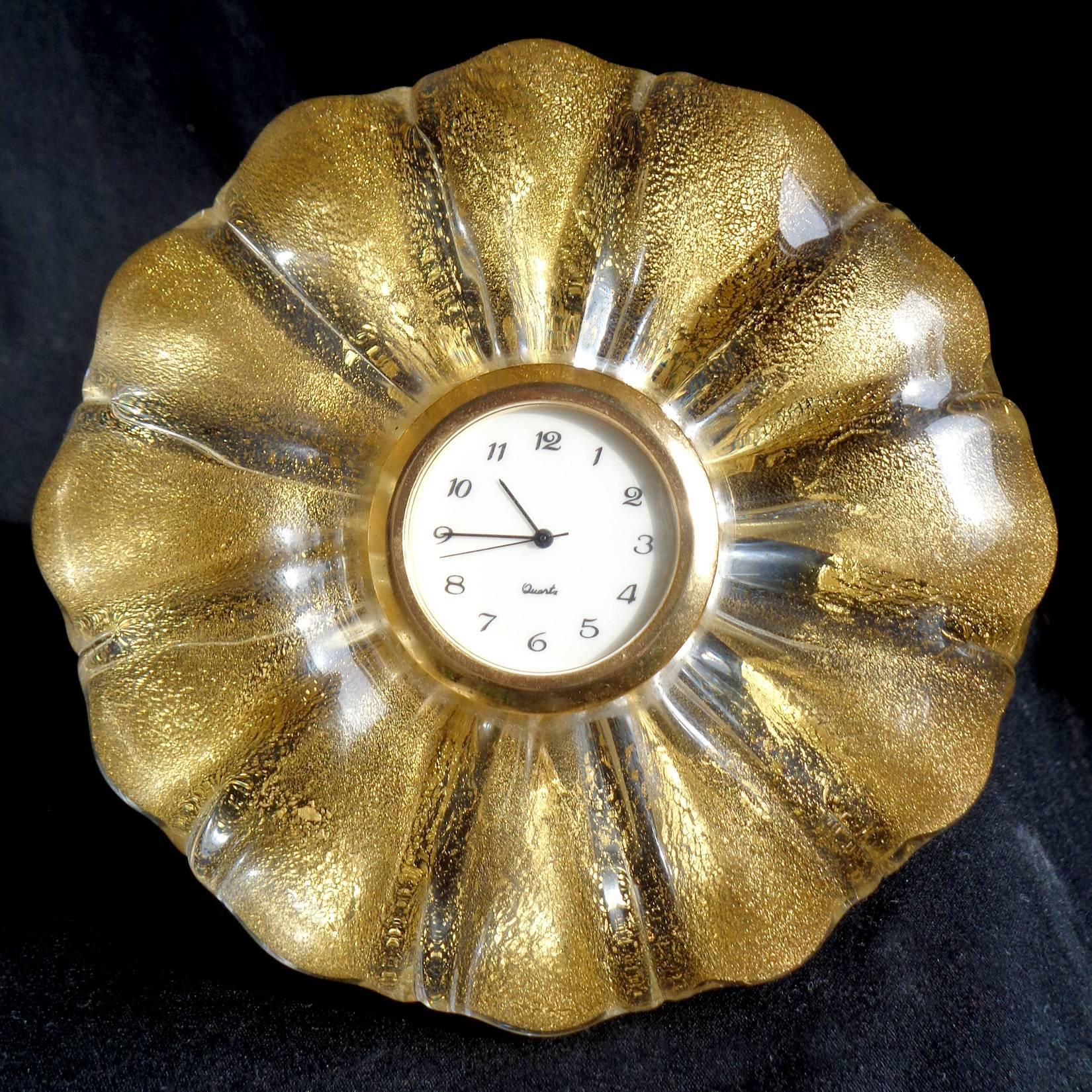 Hollywood Regency Murano Gold Flecks Italian Art Glass Decorative Desk Clock