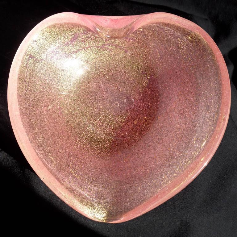 Murano Pink Gold Flecks Italian Art Glass Heart Shaped Bowls, Set of