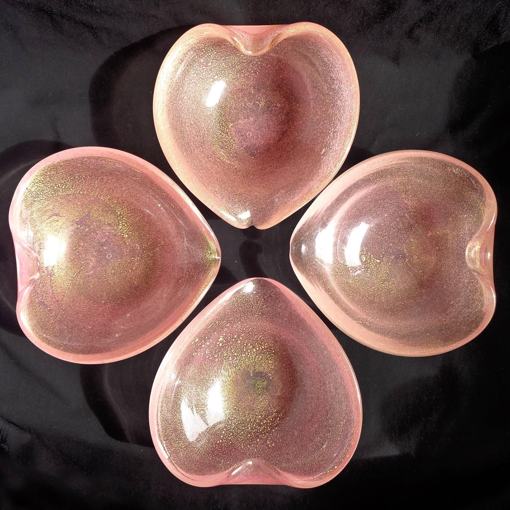 Mid-Century Modern Murano Pink Gold Flecks Italian Art Glass Heart Shaped Bowls, Set of Four