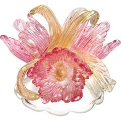 Murano Pink Flowers and Gold Italian Art Glass Centerpiece Sculpture 1