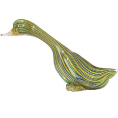 Fratelli Toso Murano Rainbow Pattern Gold Fleck Italian Art Glass Duck Sculpture