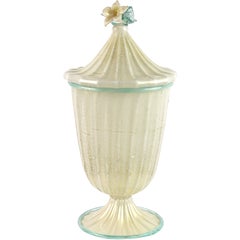 Murano Barovier Toso White Aqua Gold Flecks Italian Art Glass Jar Container