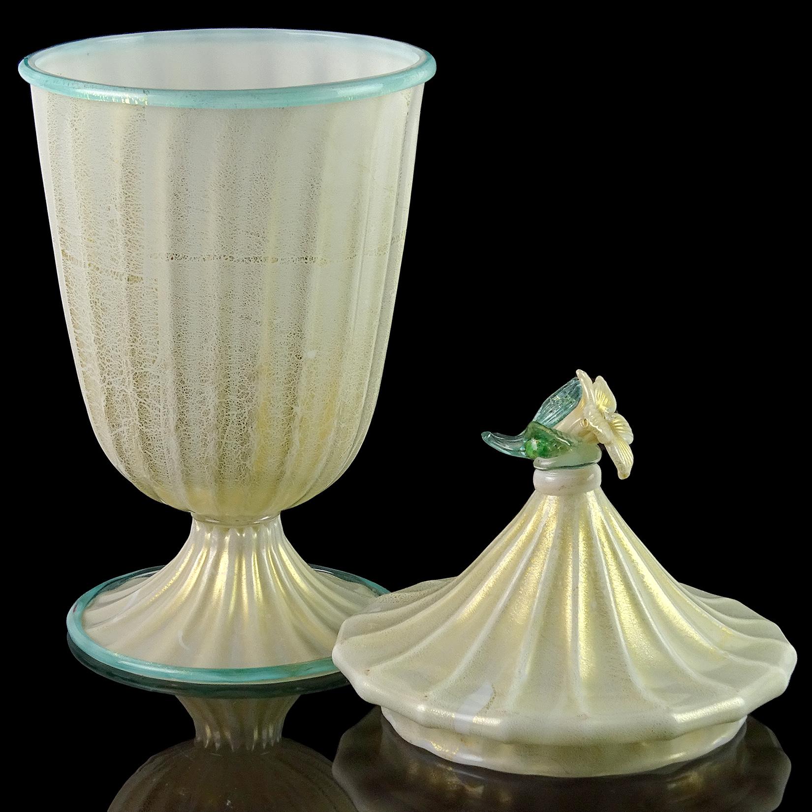 Italiano Barovier Toso White Aqua Gold Flecks Contenitore in vetro artistico italiano di Murano in vendita