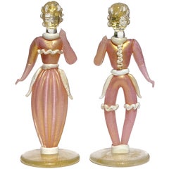 Murano Pink White Gold Flecks Italian Art Glass Man Woman Figurines Sculptures