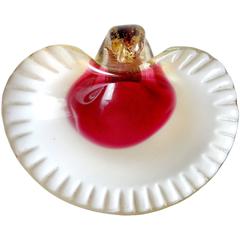 Murano Red, White and Gold Flecks Italian Art Glass Seashell Bowl 9