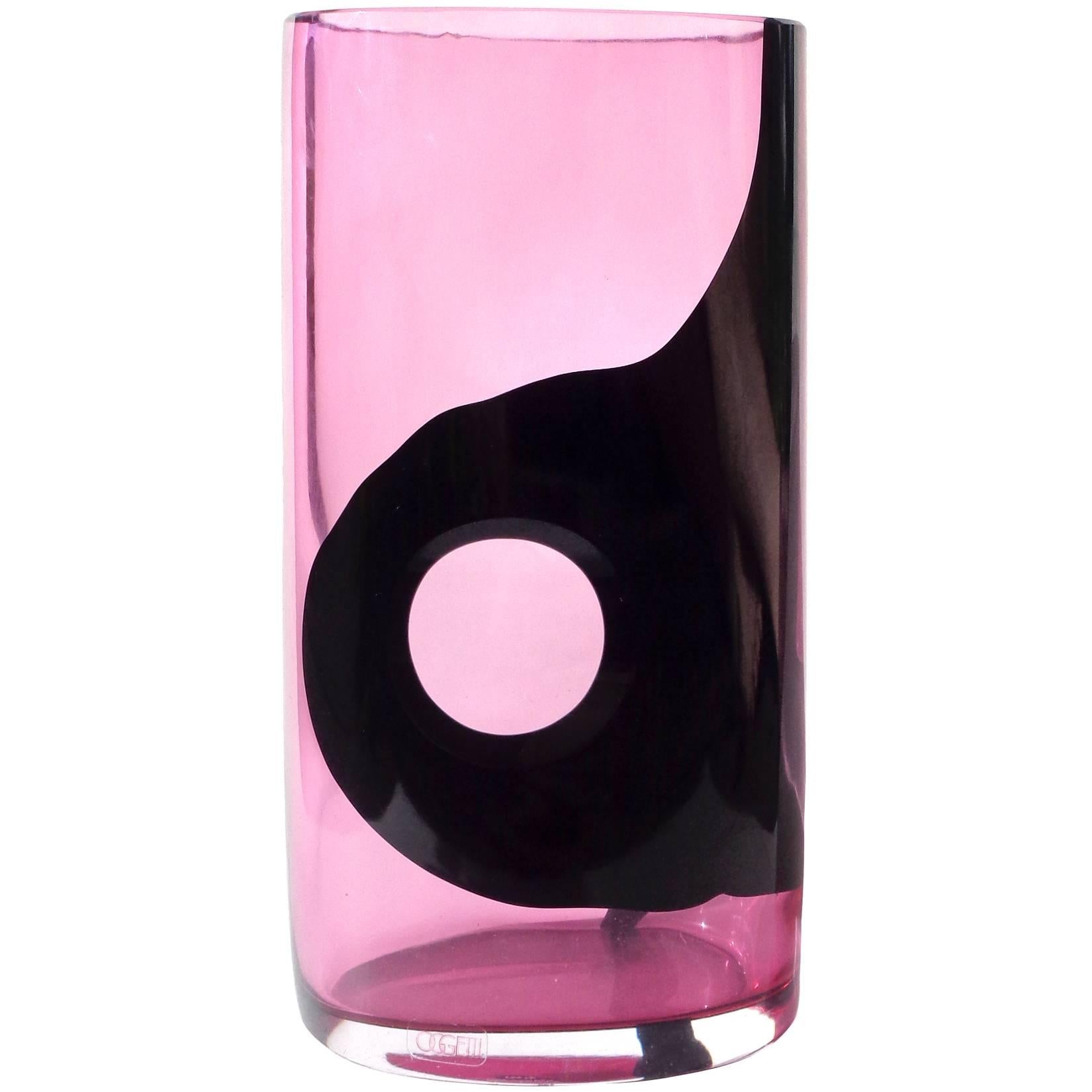 Seguso AV Oggetti Murano Pink Black Italian Art Glass Flower Vase, Signed