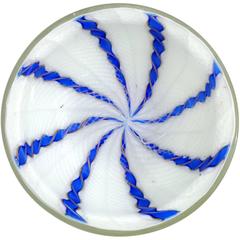 Murano White Blue Aventurine Ribbons Italian Art Glass Bowl 1