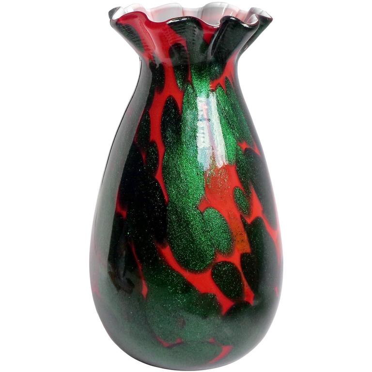 Murano Red Green Aventurine Italian Art Glass Ruffle Rim Flower Vase