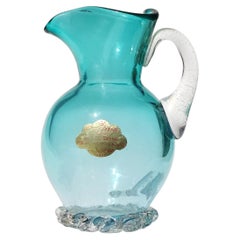 Barbini Murano Aqua Blue Gold Fleck Handle Italian Art Glass Pitcher Flower Vase