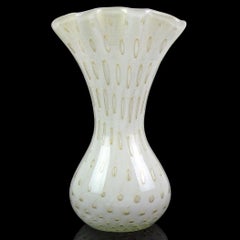 Barbini Murano Vintage White Gold Flecks Italian Art Glass Fan Rim Flower Vase