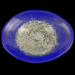Fratelli Toso Murano White Sapphire Blue Gold Flecks Italian Art Glass Oval Bowl