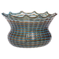 Salviati Murano Copper Aventurine Blue Lines Italian Art Glass Crown Bowl Dish