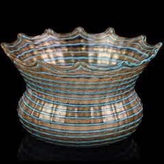 Salviati Murano Copper Aventurine Blue Lines Italian Art Glass Crown Bowl Dish