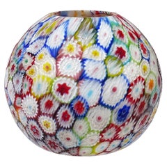 Fratelli Toso Murano Millefiori Mosaic Italian Art Glass Ball Flower Bud Vase