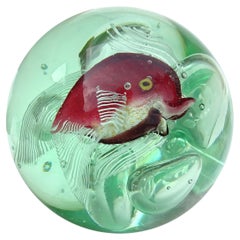 Murano Red Purple Gold Leaf Fish Italian Art Glass Green UV Reactive Paperweight