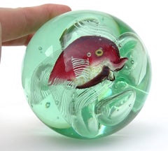 Murano Red Purple Gold Leaf Fish Italian Art Glass Green UV Reactive Paperweight