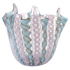 Murano Pink Blue Aventurine Zanfirico Ribbons Italian Art Glass Fazzoletto Vase