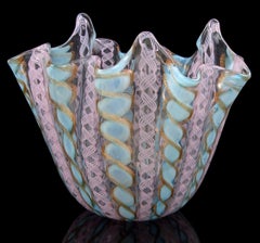 Murano Pink Blue Aventurine Zanfirico Ribbons Italian Art Glass Fazzoletto Vase