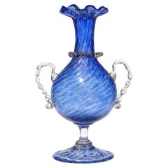 Venetian Murano Sapphire Blue Gold Leaf Handles Italian Art Glass Flower Vase