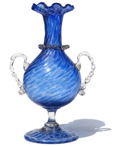 Venetian Murano Sapphire Blue Gold Leaf Handles Italian Art Glass Flower Vase